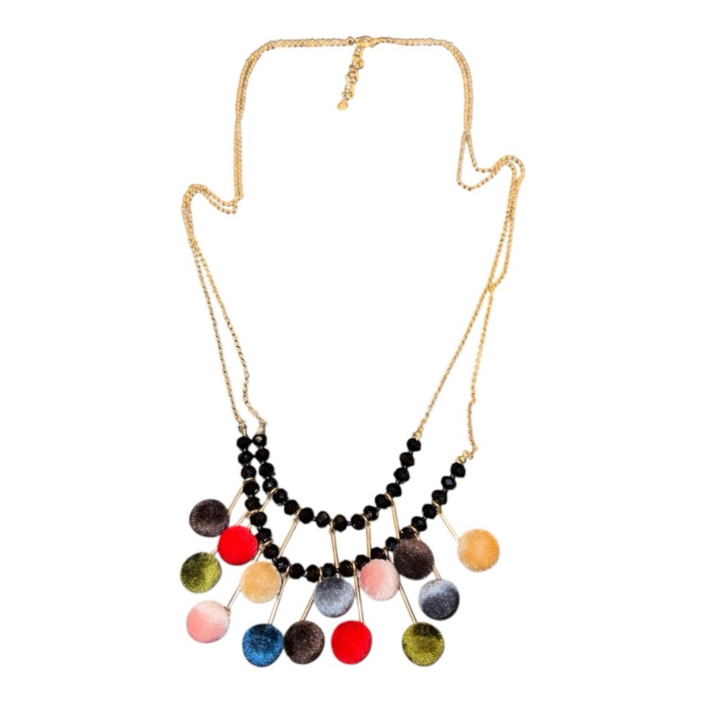 Vida Vintage layered Pom Pom long necklace w/black faceted crystal. JB1